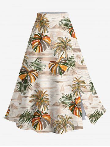 Plus Size Coconut Tree Tropical Leaf Sea Print Hawaii Split A Line Skirt - ORANGE - S