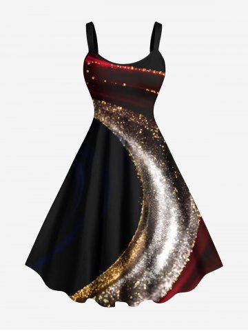 Plus Size Curve Glitter Light Beam Print Christmas A Line Dress - BLACK - XXS