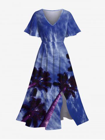 Plus Size Coconut Tree Ombre Sky Print Hawaii Split Pocket A Line Midi Dress - SKY BLUE - XXS