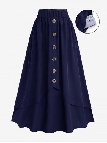 Plus Size Mock Buttons Layered Pocket Elastic Waist A Line Skirt - MIDNIGHT BLUE - 4X | US 26-28