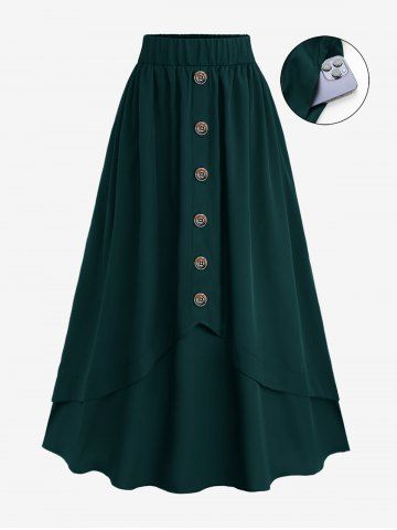 Plus Size Mock Buttons Layered Pocket Elastic Waist A Line Skirt - PLANT GREEN - 4X | US 26-28