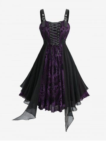 Plus Size Flower Flocking Lace Up Grommets Asymmetrical Tank Dress - PURPLE - 1X | US 14-16