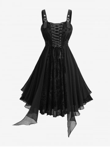 Plus Size Flower Flocking Lace Up Grommets Asymmetrical Tank Dress - NIGHT - 3X | US 22-24