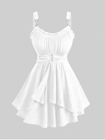 Débardeur grande taille à volants, fronces, empiècement chaîne, taille en soie, côtes texturées, boucle - WHITE - 1X | US 14-16