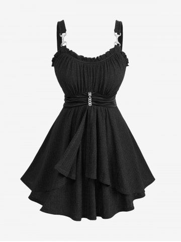 Débardeur grande taille à volants, fronces, empiècement chaîne, taille en soie, côtes texturées, boucle - BLACK - 5X | US 30-32