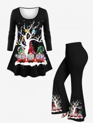 Ensemble assorti grande taille avec t-shirt à manches longues et pantalon évasé, motif boule de sapin de Noël, bonnet en pain d'épices, nains, flocon de neige - Noir 
