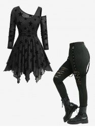 Stars Flocking Mesh Ruched Asymmetrical Neck Top and Skull Hollow Out Fishnet Patchwork Leggings Plus Size Outfit -  