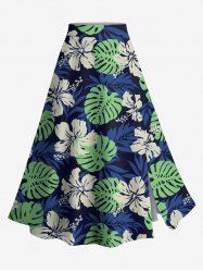 Plus Size Tropical Leaf Hibiscus Flower Print Hawaii Split A Line Skirt -  