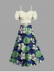 Solid Cinched Top and Tropical Leaf Hibiscus Flower Print Hawaii Split A Line Skirt Plus Size Matching Set -  