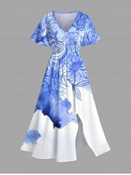 Plus Size Rose Sunflowers Watercolor Print Split Hawaii Midi Dress -  
