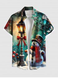 Chemise grande taille à imprimé flocon de neige, bonhomme de neige, lampadaire, motif ombré, bouton et poche pour homme - Vert S