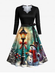 Robe trapèze grande taille à imprimé flocon de neige, bonhomme de neige, lampadaire, col festonné ombré, ceinture amovible - Noir 6XL