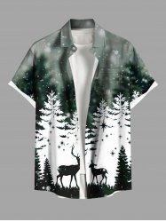 Plus Size Christmas Tree Forest Elk Snowflake Print Ombre Button Pocket Shirt For Men -  