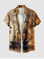 Chemise grande taille à imprimé voilier et carte en détresse pour homme, avec poches boutonnées et imprimé croisière hawaïenne - Orange 2XL