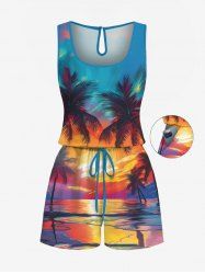 Plus Size Coconut Tree Sea Cloud Print Cinched Hawaii Romper -  