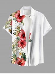 Chemise hawaïenne grande taille à imprimé feuilles tropicales et fleurs d'hibiscus, avec poches et boutons, pour homme - Blanc L