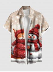 Plus Size Christmas Snowflake Snowman Cat Print Buttons Pocket Shirt For Men -  