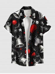 Plus Size Christmas Ball Elk Bell Heart Galaxy Print Button Pocket Shirt For Men -  