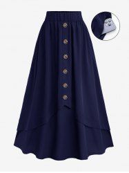 Plus Size Mock Buttons Layered Pocket Elastic Waist A Line Skirt -  