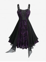 Plus Size Flower Flocking Lace Up Grommets Asymmetrical Tank Dress -  