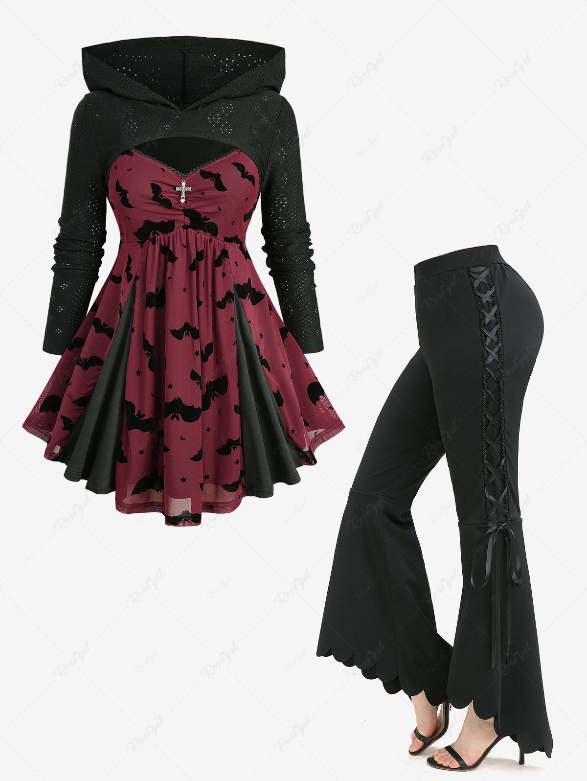 Outfit Bat Moon Flocking Pointelle Hollow Out Jacquard Hooded Top and Lace Up Scalloped Hem Flare Pants Plus Size Outfit  