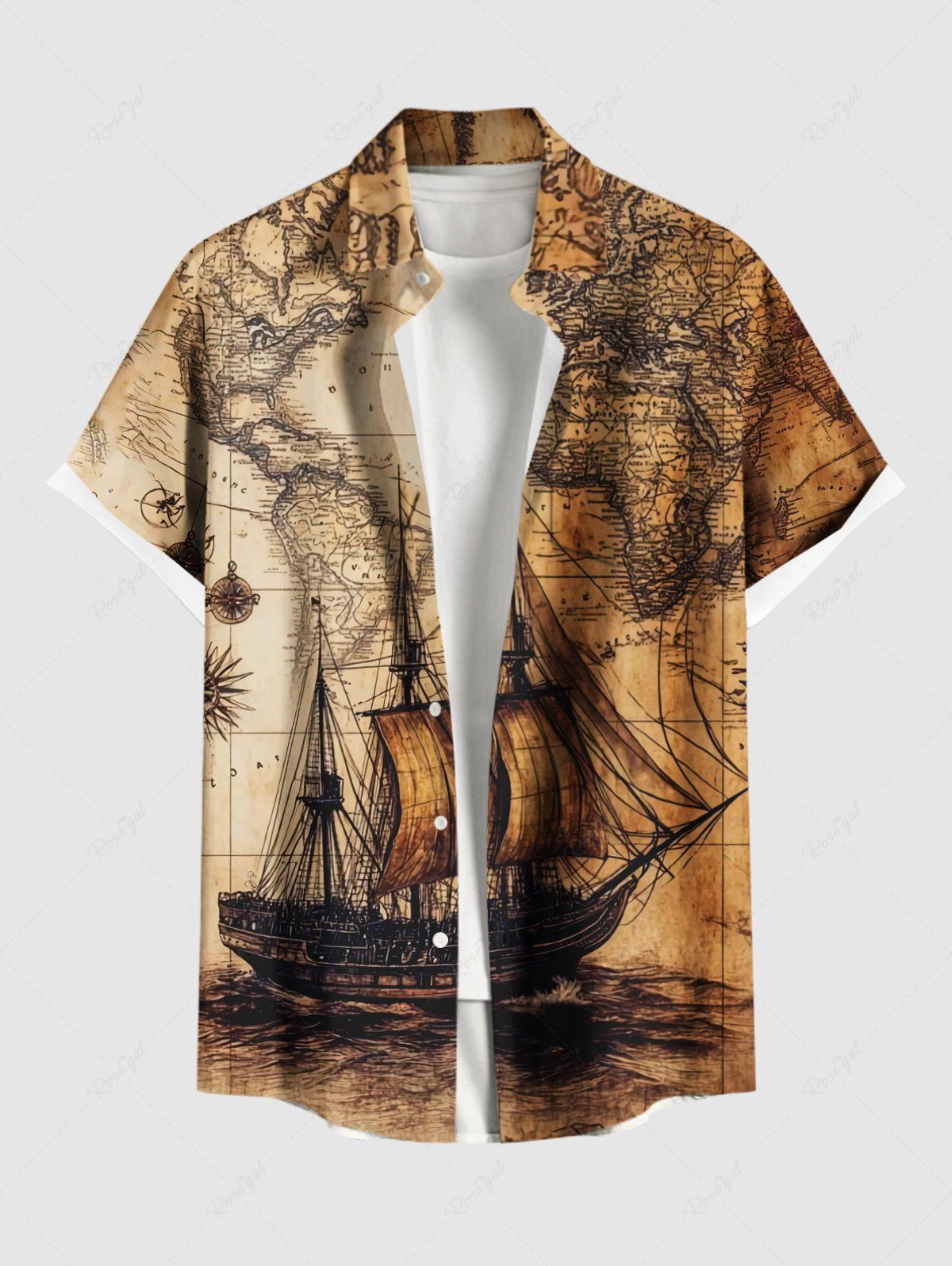 Chemise grande taille à imprimé carte vieillie et voilier, style croisière hawaïenne, avec poches boutonnées, pour homme Orange 6XL