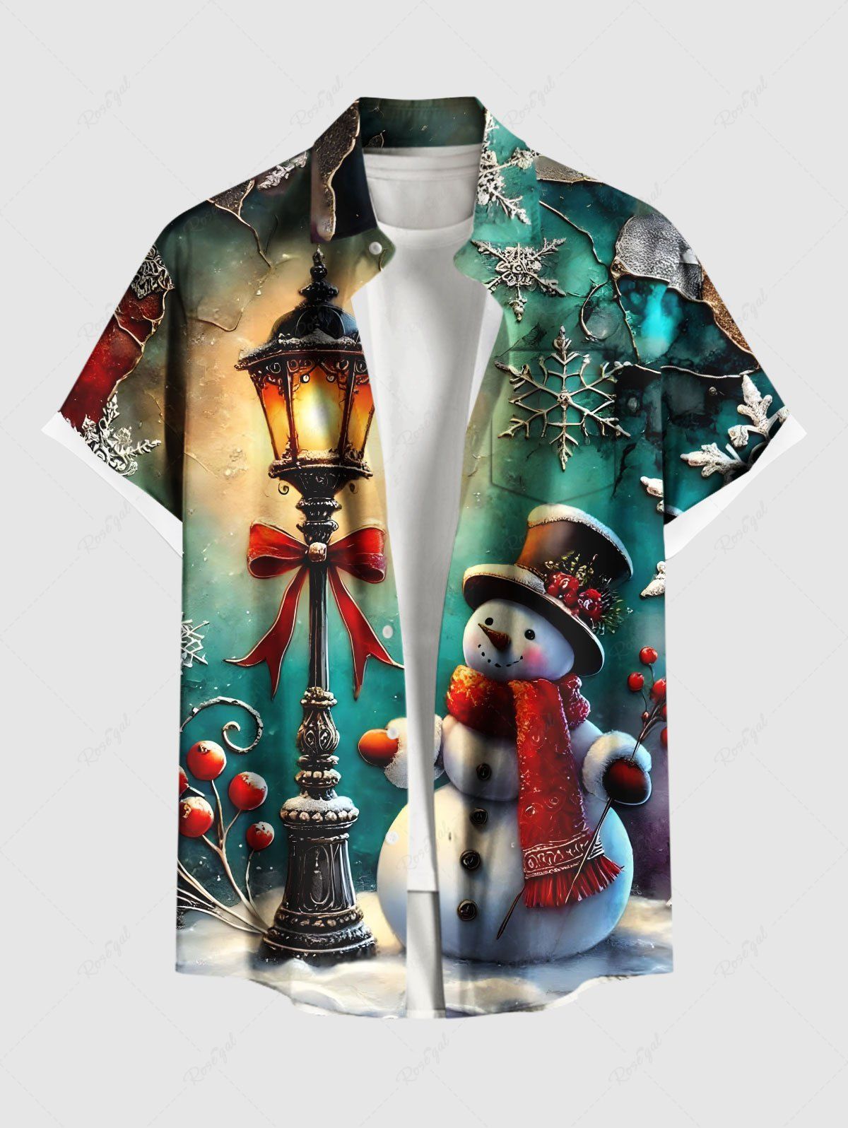 Chemise grande taille à imprimé flocon de neige, bonhomme de neige, lampadaire, motif ombré, bouton et poche pour homme Vert S