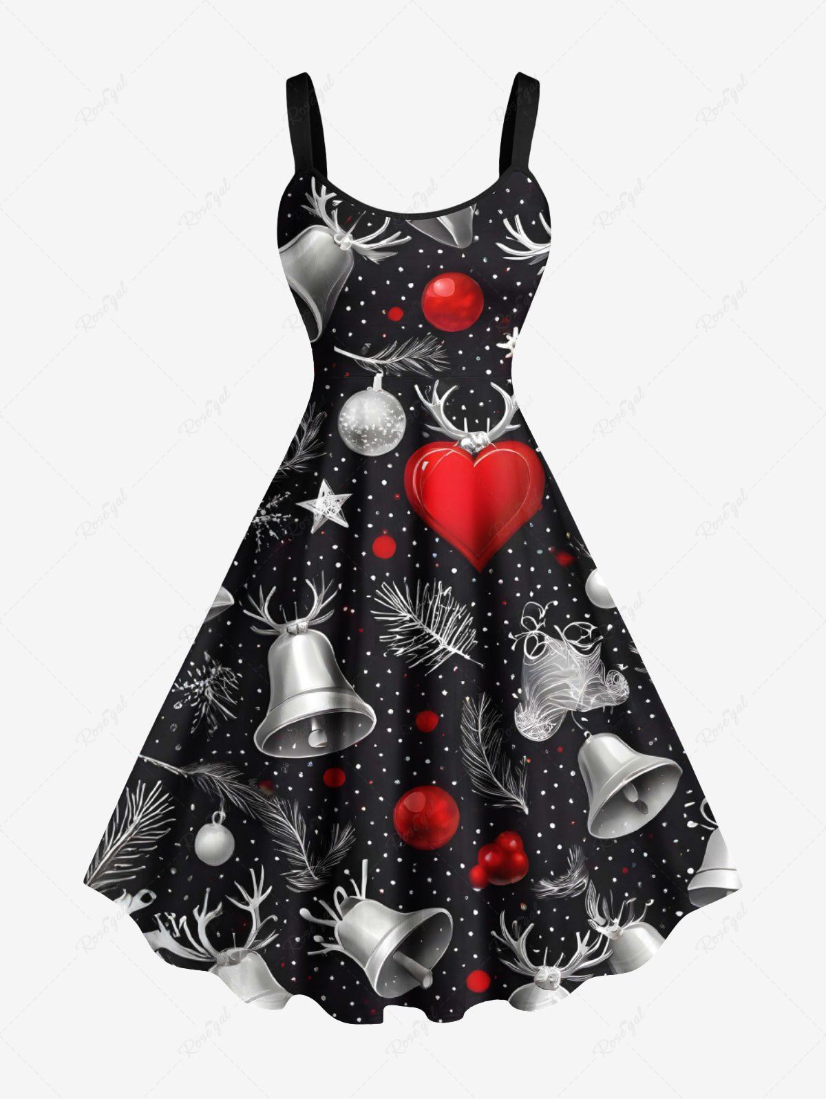 Store Plus Size Christmas Ball Elk Bell Heart Galaxy Print  A Line Tank Dress  