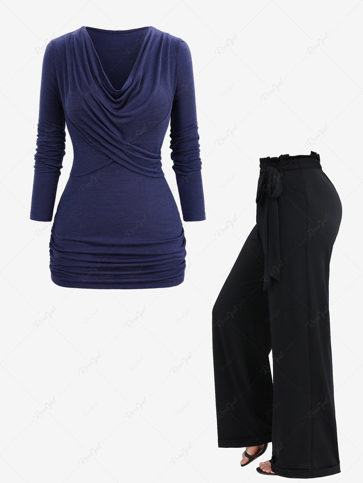 Buy Ruched Surplice Cowl Neck Long Sleeves Top and Ruffles Waist Wide Leg Pants Plus Size Outfit  