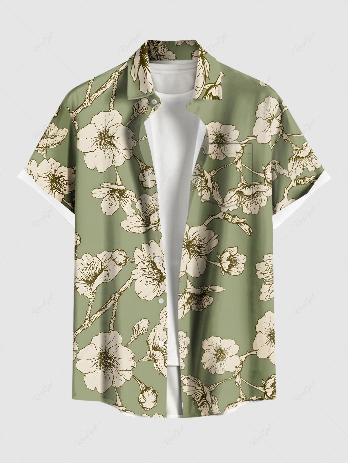 Chemise hawaïenne grande taille à imprimé floral et poches boutonnées pour homme Vert L