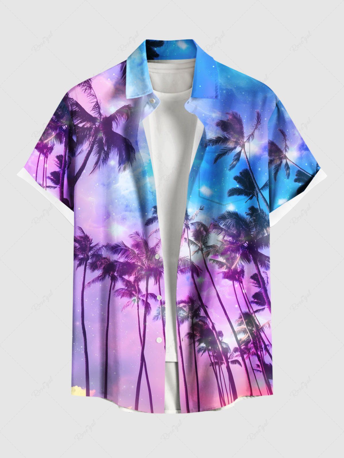 Chemise hawaïenne grande taille à imprimé ombré cocotier et galaxie, boutons et poches, pour homme Pourpre  S