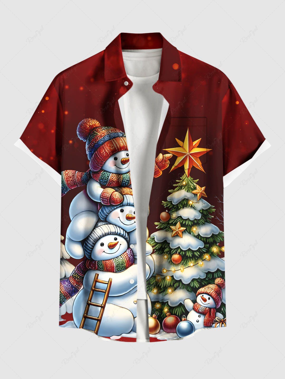 Chemise grande taille à boutons et poches pour homme, motif sapin de Noël, boules lumineuses, étoiles, bonhomme de neige Rouge S