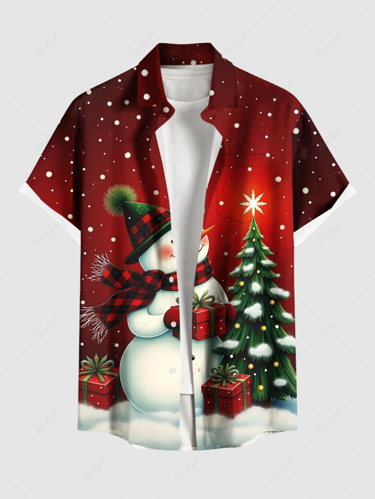 Chemise grande taille à imprimé sapin de Noël, étoile, bonhomme de neige, flocon de neige, coffret cadeau, boutons et poche pour homme Rouge S