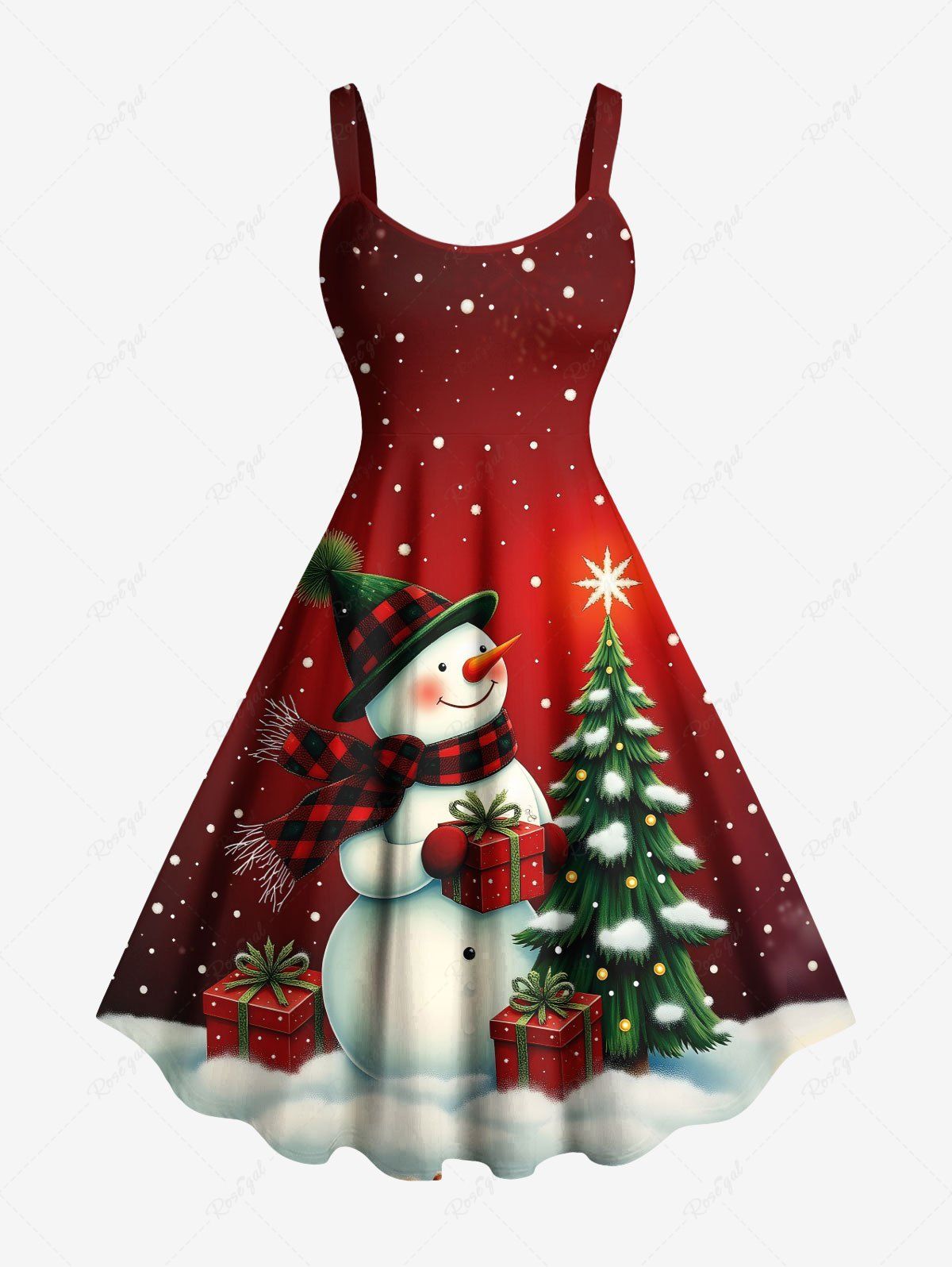 Discount Plus Size Christmas Tree Star Snowman Snowflake Gift Box Print Tank Dress  