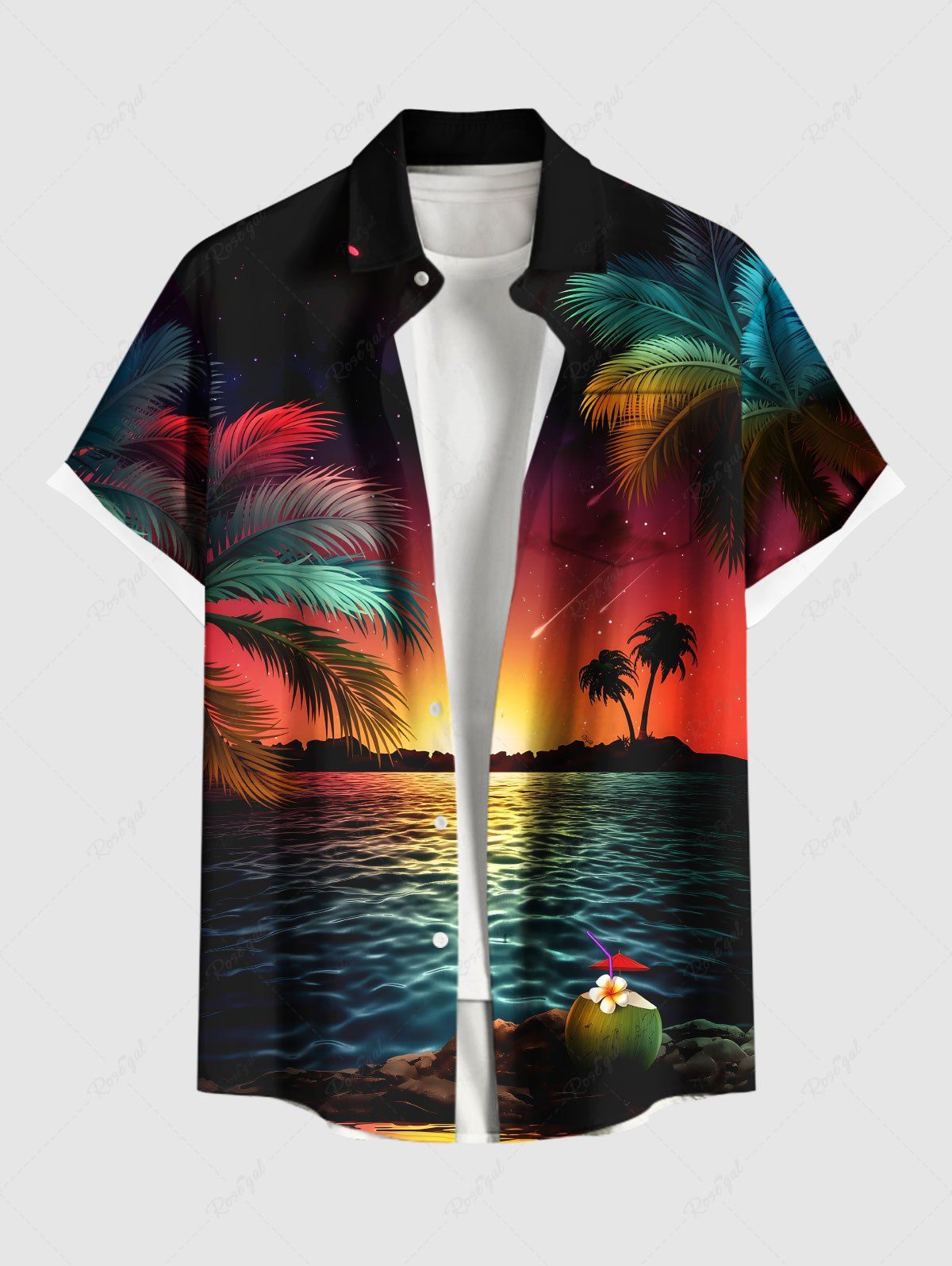 Chemise hawaïenne grande taille à imprimé cocotiers, fleurs, soleil, paysage marin, boutons, poches, pour homme Noir 6XL
