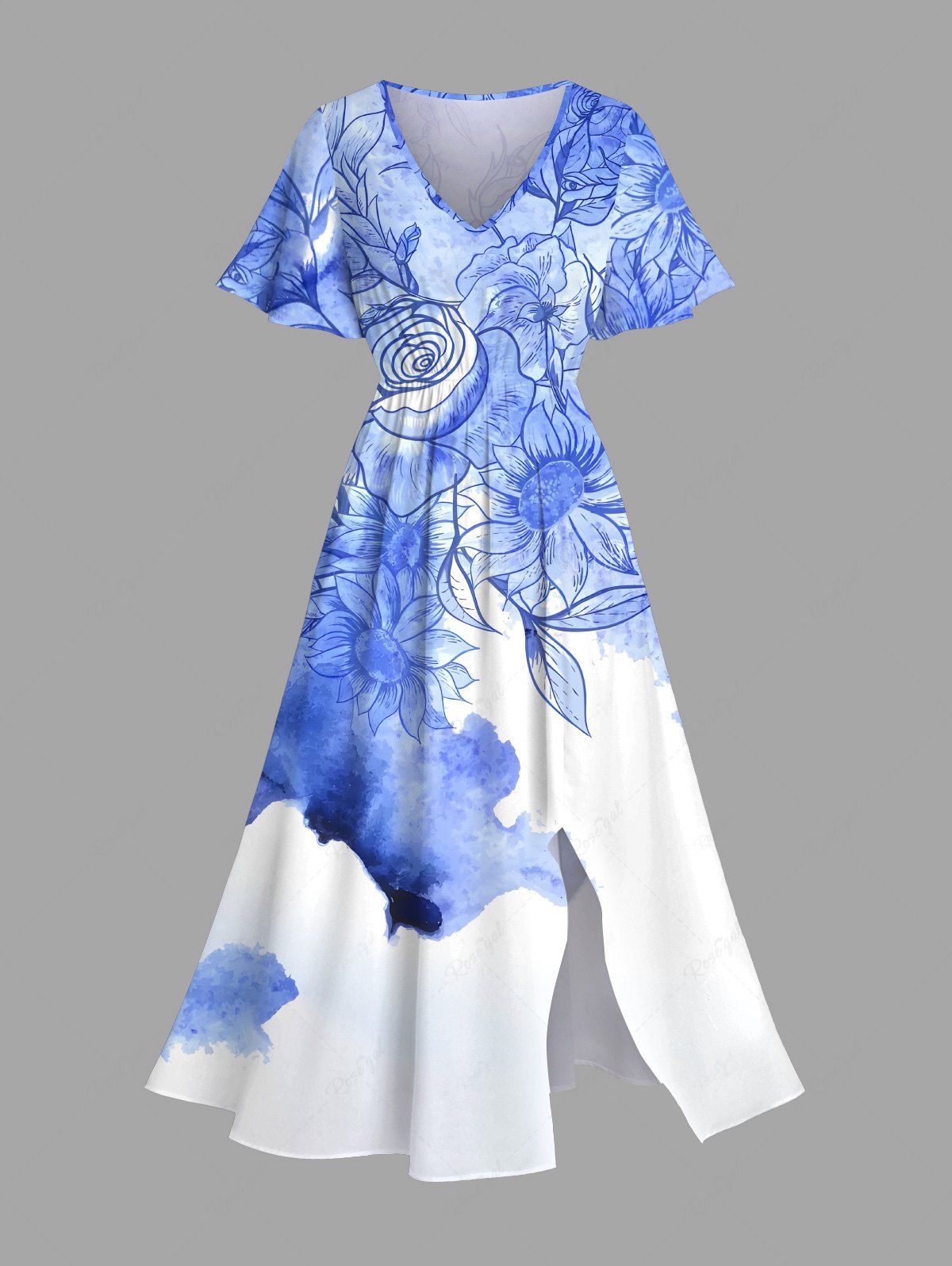 Robe mi-longue hawaïenne fendue à imprimé aquarelle de tournesols roses grande taille Bleu Ciel XXS