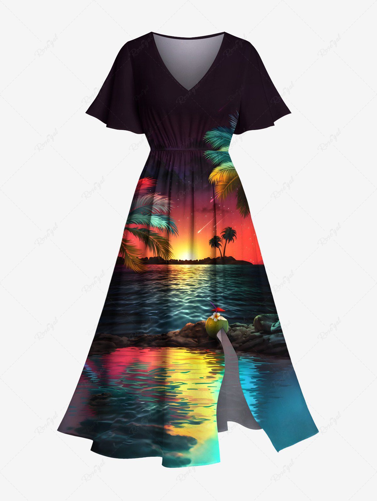 Robe mi-longue hawaïenne fendue grande taille à imprimé cocotiers, fleurs, soleil et paysage marin Noir XXS