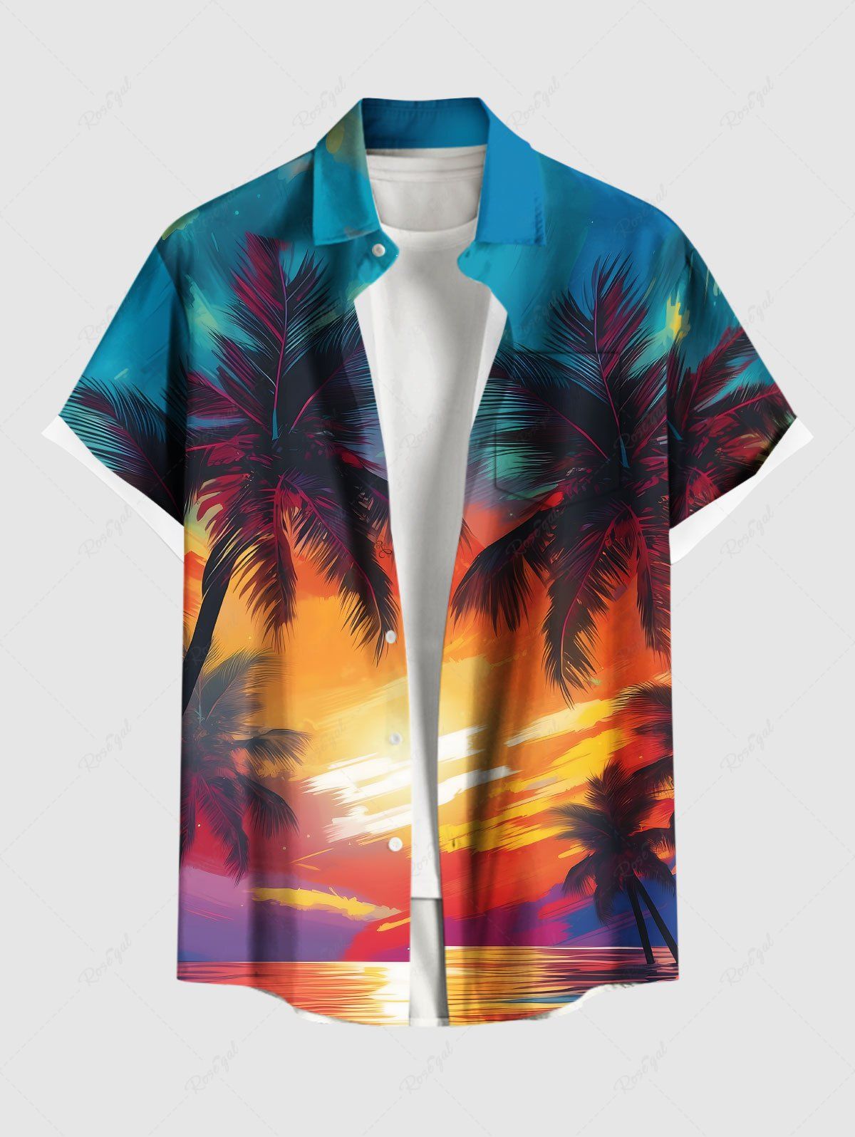 Chemise hawaïenne grande taille à imprimé cocotiers et nuages marins, avec poches et boutons, pour homme Orange 3XL