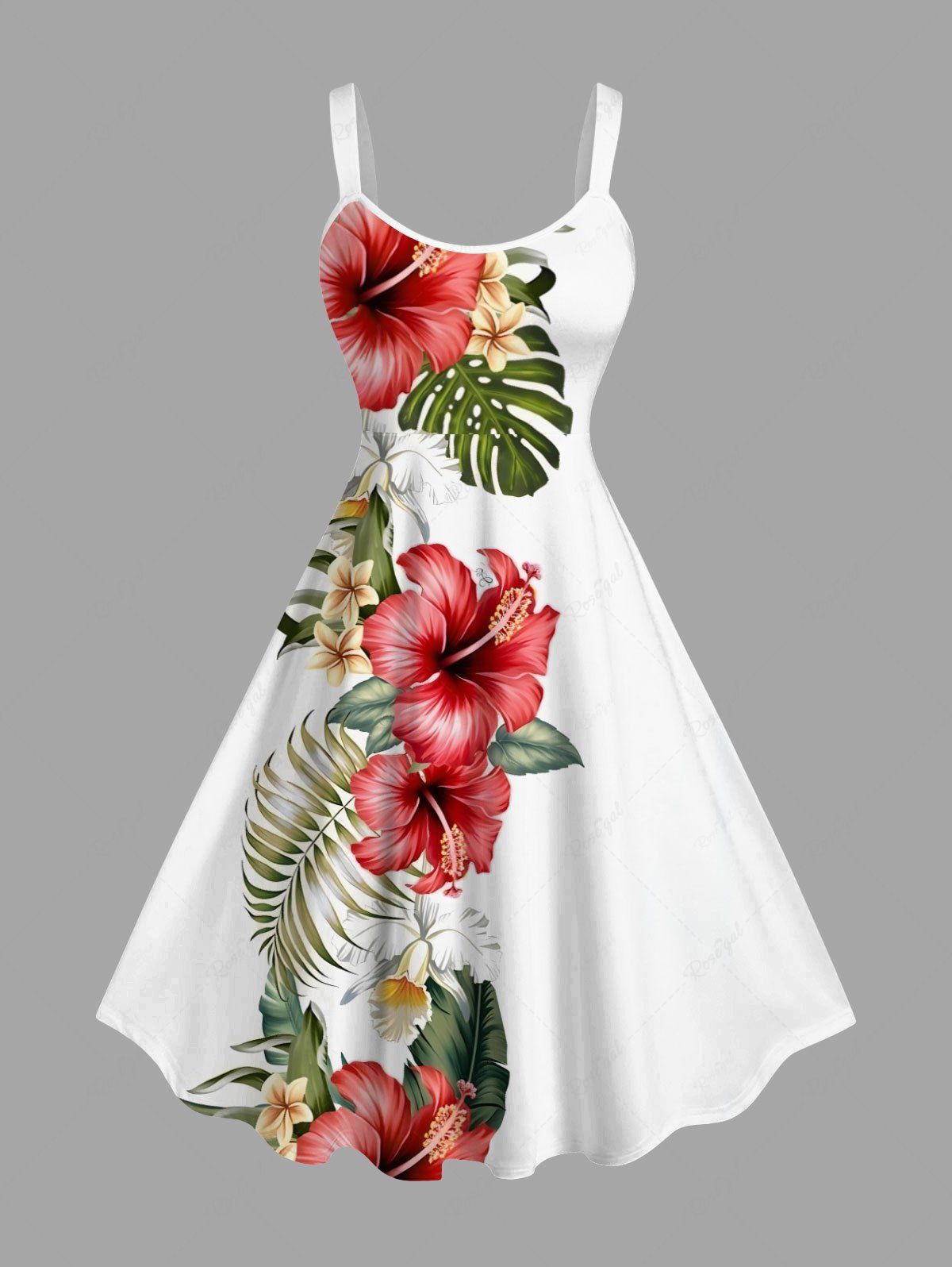 Robe débardeur hawaïenne grande taille à imprimé feuilles tropicales et fleurs d'hibiscus Blanc XXS