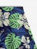Solid Cinched Top and Tropical Leaf Hibiscus Flower Print Hawaii Split A Line Skirt Plus Size Matching Set -  