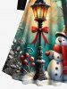 Plus Size Christmas Snowflake Snowman Street Lamp Print Ombre Scalloped Neck A Line Dress with Removable Belt -  