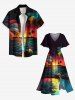 Robe mi-longue hawaïenne fendue grande taille à imprimé cocotiers, fleurs, soleil et paysage marin - Noir S