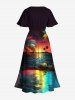 Plus Size Coconut Tree Flowers Sun Seascape Print Split Hawaii Midi Dress -  