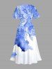 Plus Size Rose Sunflowers Watercolor Print Split Hawaii Midi Dress -  