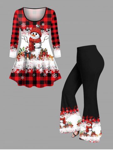 Christmas Gift Snowflake Snowman Plaid Print Long Sleeves T-shirt and Flare Pants Plus Size Matching Set - RED