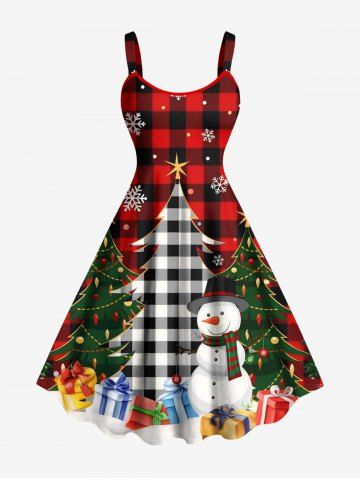 Plus Size Christmas Tree Snowman Snowflake Plaid Print Tank Dress - RED - XXS