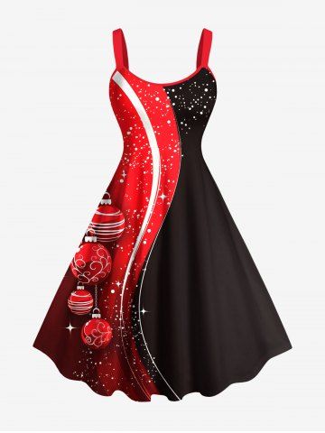 Plus Size Christmas Ball Tassel Star Colorblock Print Tank Dress - RED - XXS