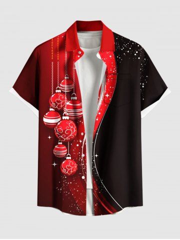 Plus Size Christmas Ball Tassel Star Colorblock Print Buttons Pocket Shirt For Men - RED - 3XL