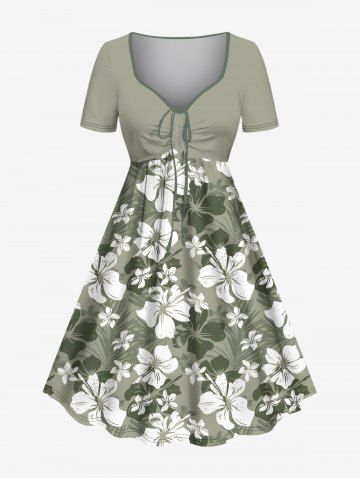 Plus Size Hibiscus Flowers Leaf Print Cinched Hawaii Dress - LIGHT GREEN - 5X