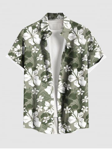 Plus Size Hibiscus Flowers Leaf Print Buttons Pocket Hawaii Shirt For Men - GREEN - 4XL
